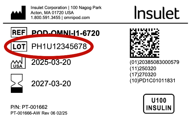 Close-up of the LOT number circled on the box label